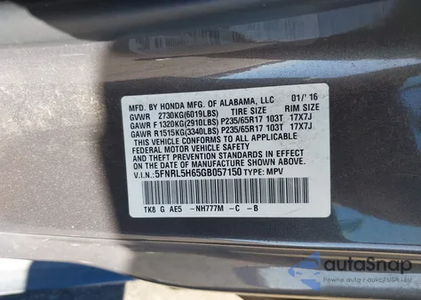 2016 Honda Odyssey Ex-L z USA, uszkodzony, nr VIN 5FNRL5H65GB057150